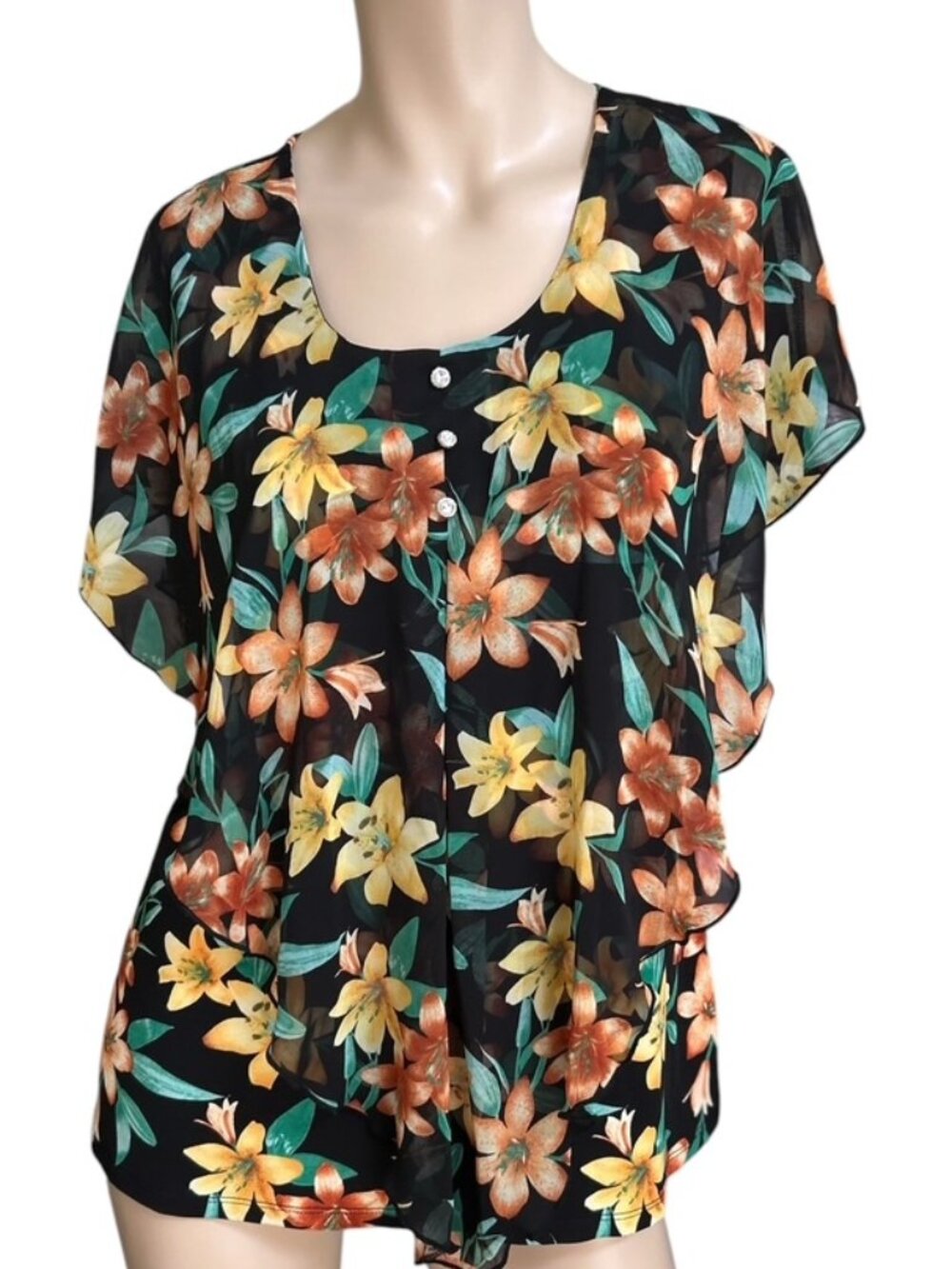 Adele & May Floral Blouse Flutter Sleeve Top Lightweight Sz M Office Siren Artsy